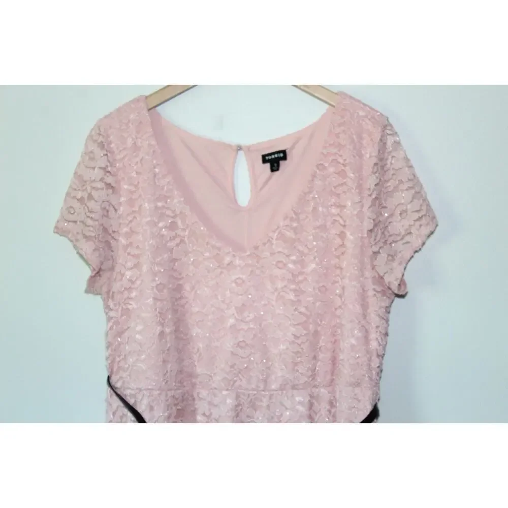 Torrid Sparkle Lace Skater Dress Belted V-Neck Pink Plus Size 2 2X *Read H13562 - Picture 3 of 16